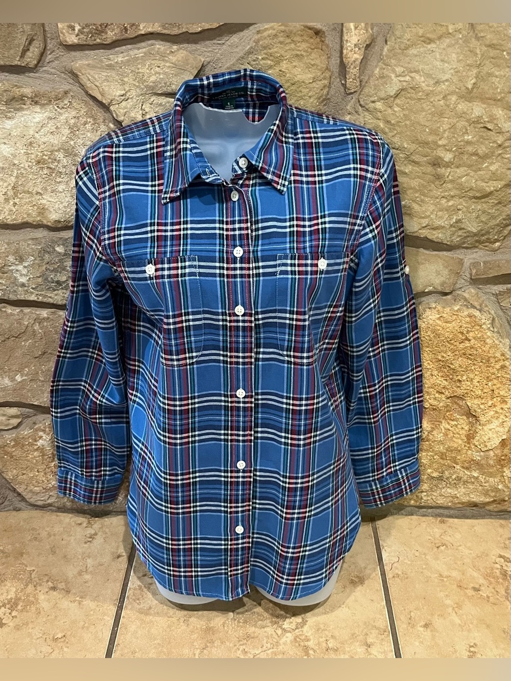 Ralph Lauren Plaid Button Up Shirt Long or Roll Tab Sleeves Small Rugged Casual